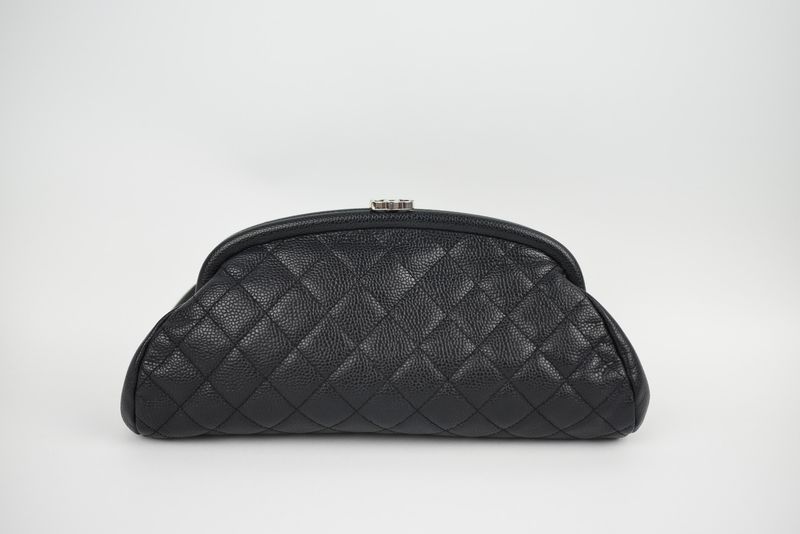 Chanel Timeless Clutch, Black Caviar Leather, Silver Hardware, Preowned in Dustbag GA001