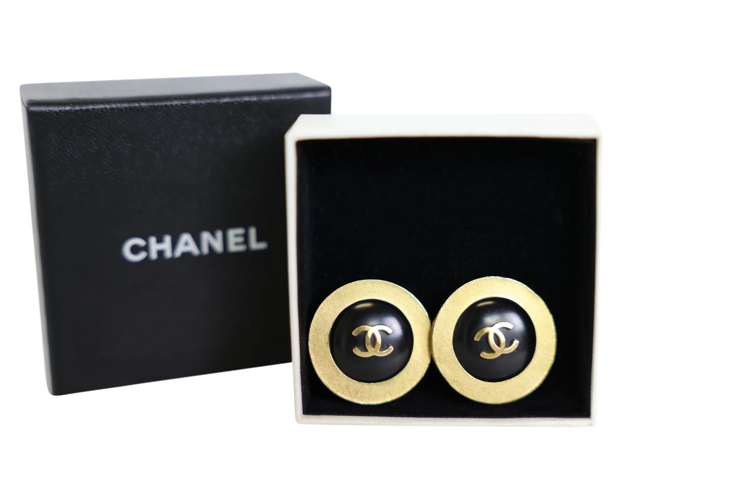 Chanel Vintage CC Clip Back Earrings, Black Enamel and Gold Hardware, Preowned in Box WA001