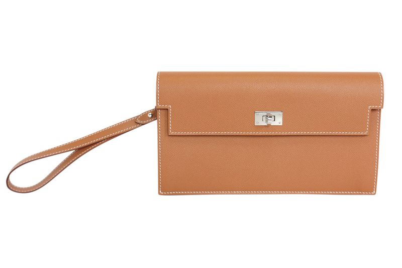 Hermes Kelly Pocket Long Wallet, Gold Madame Calfskin and Palladium Hardware, W 2024 Stamp, Preowned in Box WA001