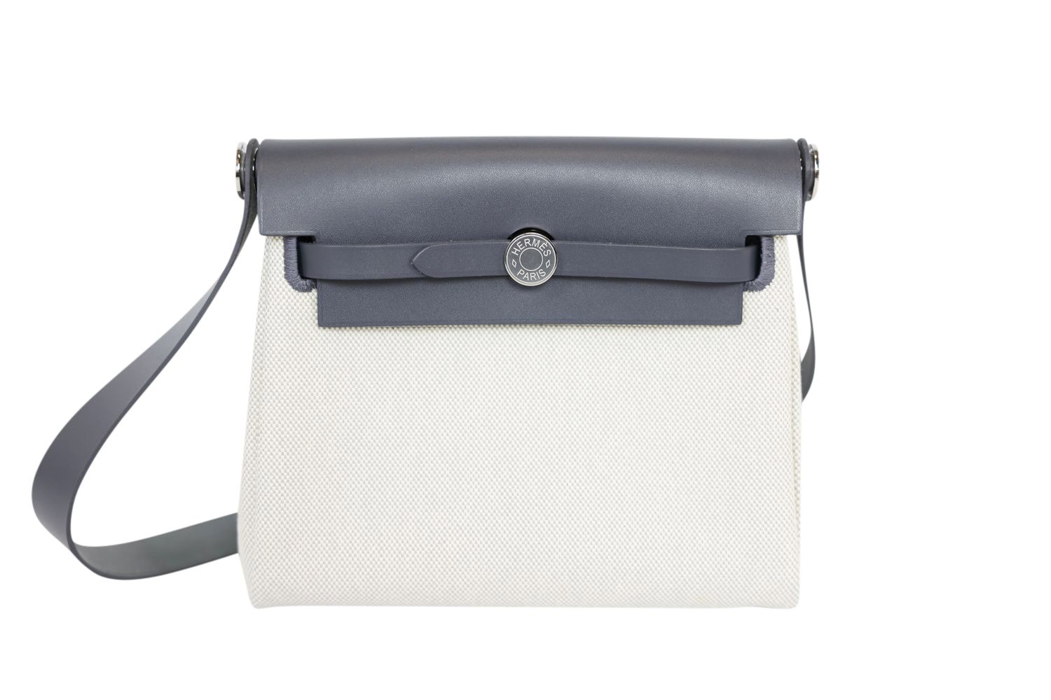 Hermes Herbag Zip 20 Bag, Ecru H Canvas and Gray Hunter Cowhide with Palladium Hardware, W 2024 Stamp, New in Box WA001