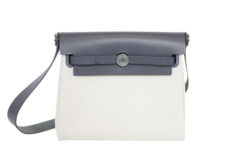 Hermes Herbag Zip 20 Bag, Ecru H Canvas and Gray Hunter Cowhide with Palladium Hardware, W 2024 Stamp, New in Box WA001