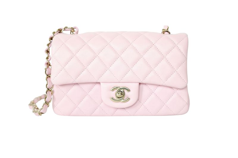 Chanel Classic Mini Rectangular Flap, Light Pink Quilted Lambskin and Gold Hardware, Preowned in Box WA001