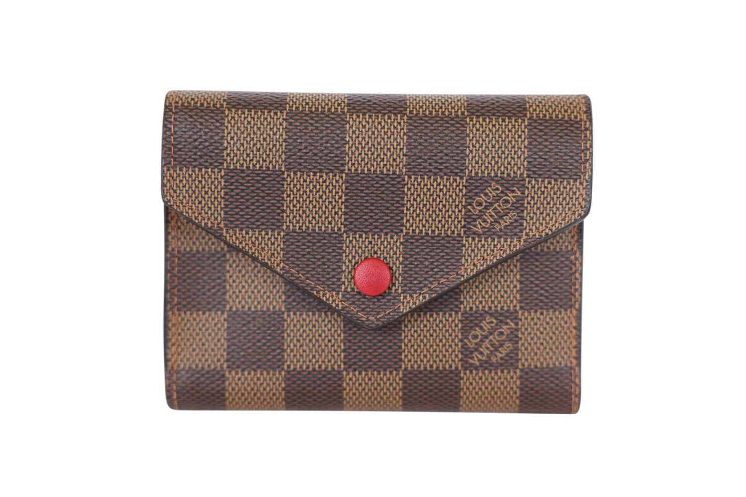 Louis Vuitton Victorine Wallet, Damier Ebene Canvas and Red Leather with Gold Hardware, Preowned in Box WA001