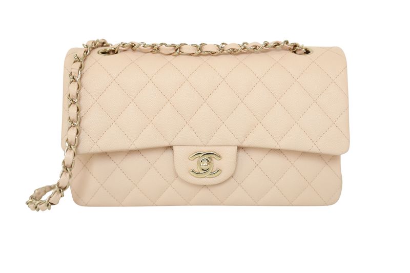 Chanel Classic Medium, 22C Light Beige Quilted Caviar with Gold Hardware, Preowned in Box WA001