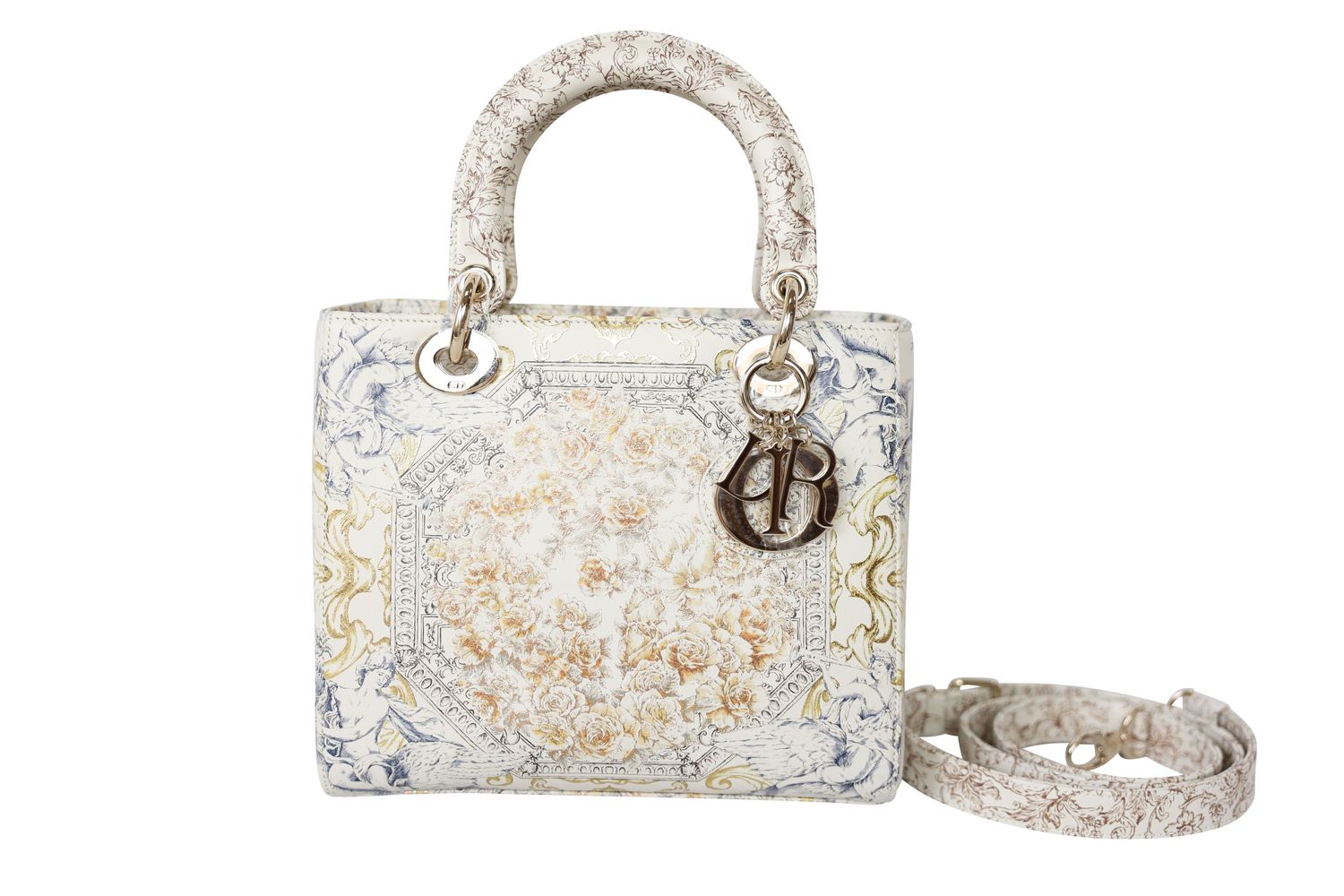 Christian Dior Lady Dior Art Medium Bag, White Leather with Multicolor Pattern and Gold Hardware, Preowned in Dustbag WA001