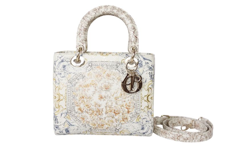 Christian Dior Lady Dior Art Medium Bag, White Leather with Multicolor Pattern and Gold Hardware, Preowned in Dustbag WA001