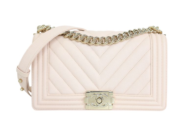 Chanel Boy Medium Bag, Light Beige Caviar and Gold Hardware, New in Box WA001