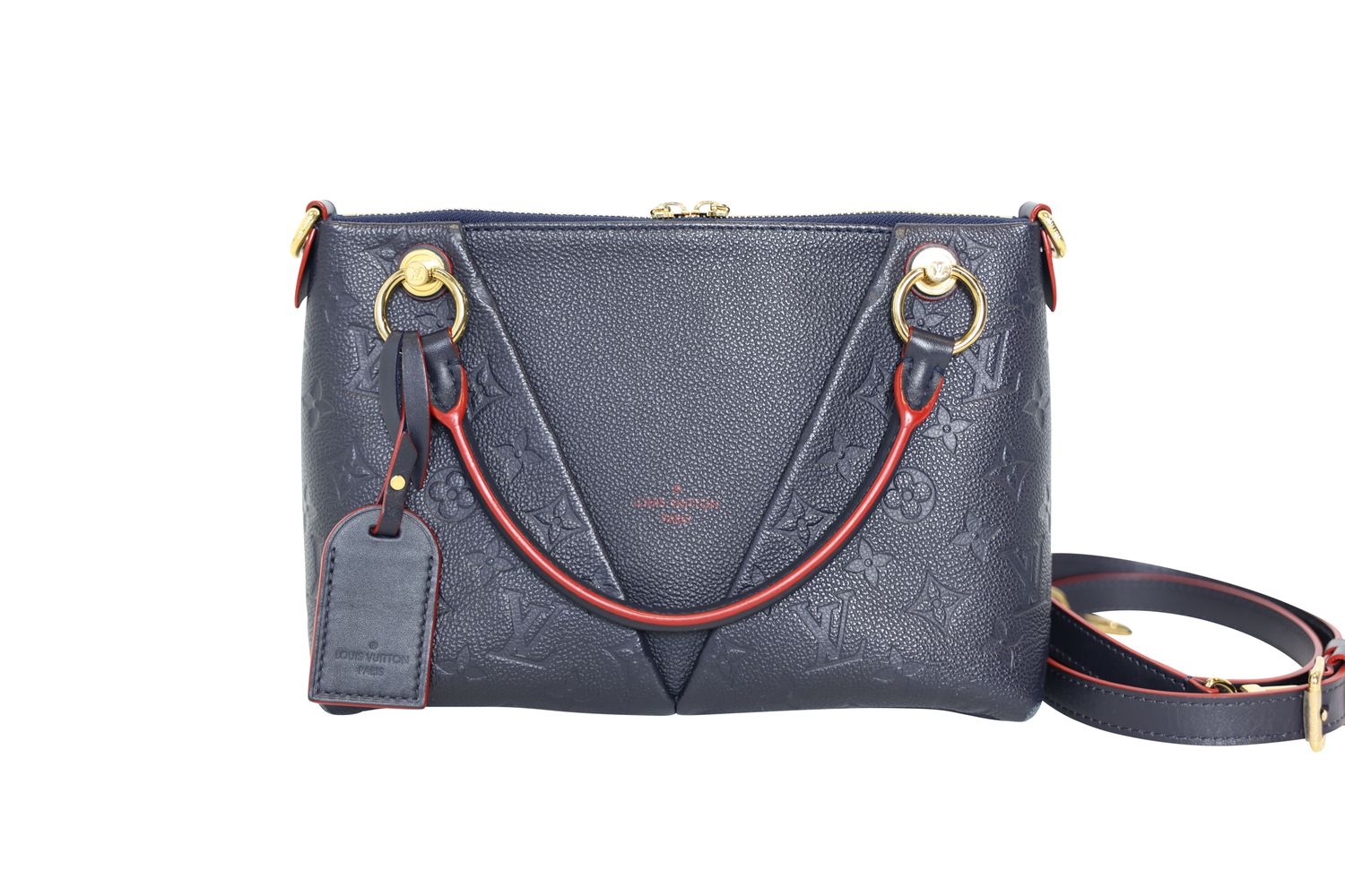 Louis Vuitton V Tote BB, Marine Rouge Navy Empriente Monogram and Calf Leather with Gold Hardware, Preowned No Dustbag WA001
