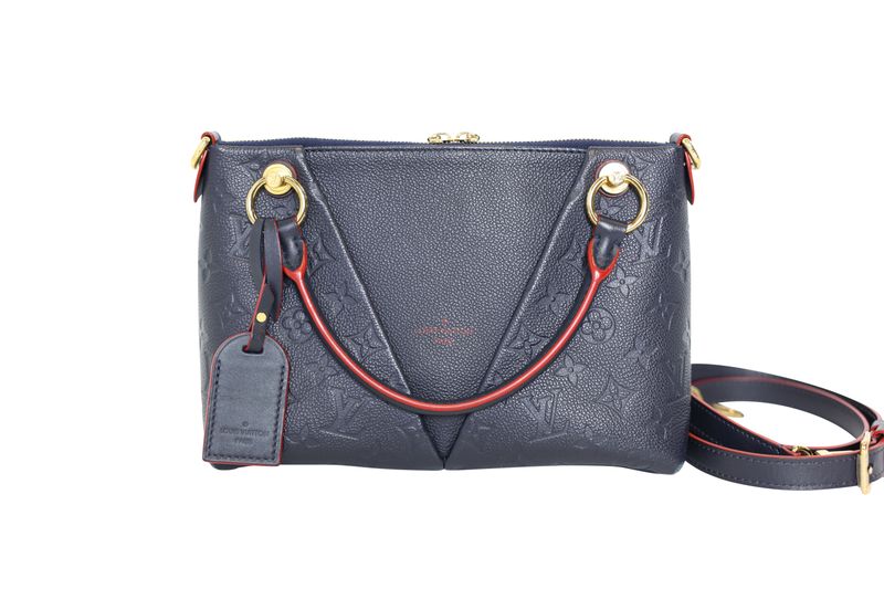 Louis Vuitton V Tote BB, Marine Rouge Navy Empriente Monogram and Calf Leather with Gold Hardware, Preowned No Dustbag WA001