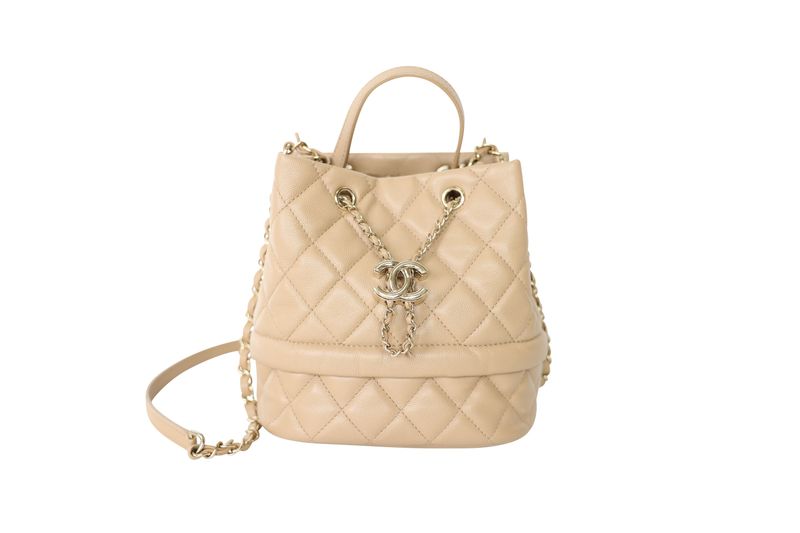 Chanel Rolled Up Bucket Bag, 19B Beige Quilted Caviar with Gold Hardware, Preowned No Dustbag WA001
