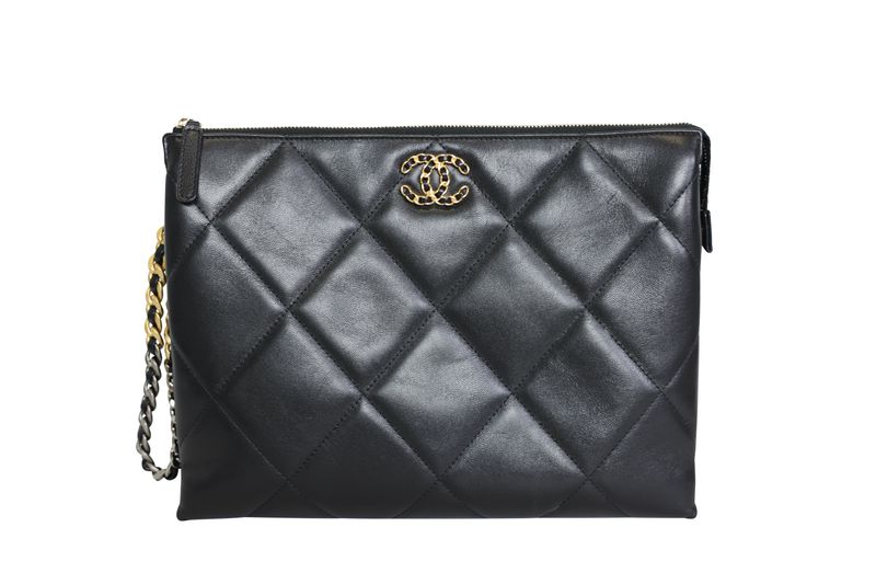 Chanel 19 Wristlet Pouch, Black Quilted Leather and Mixed Hardware, Preowned in Box WA001