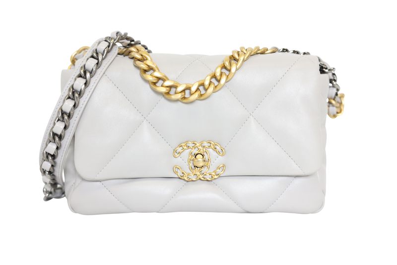 Chanel 19 Medium, Gray Lambskin and Mixed Hardware, Preowned in Box WA001