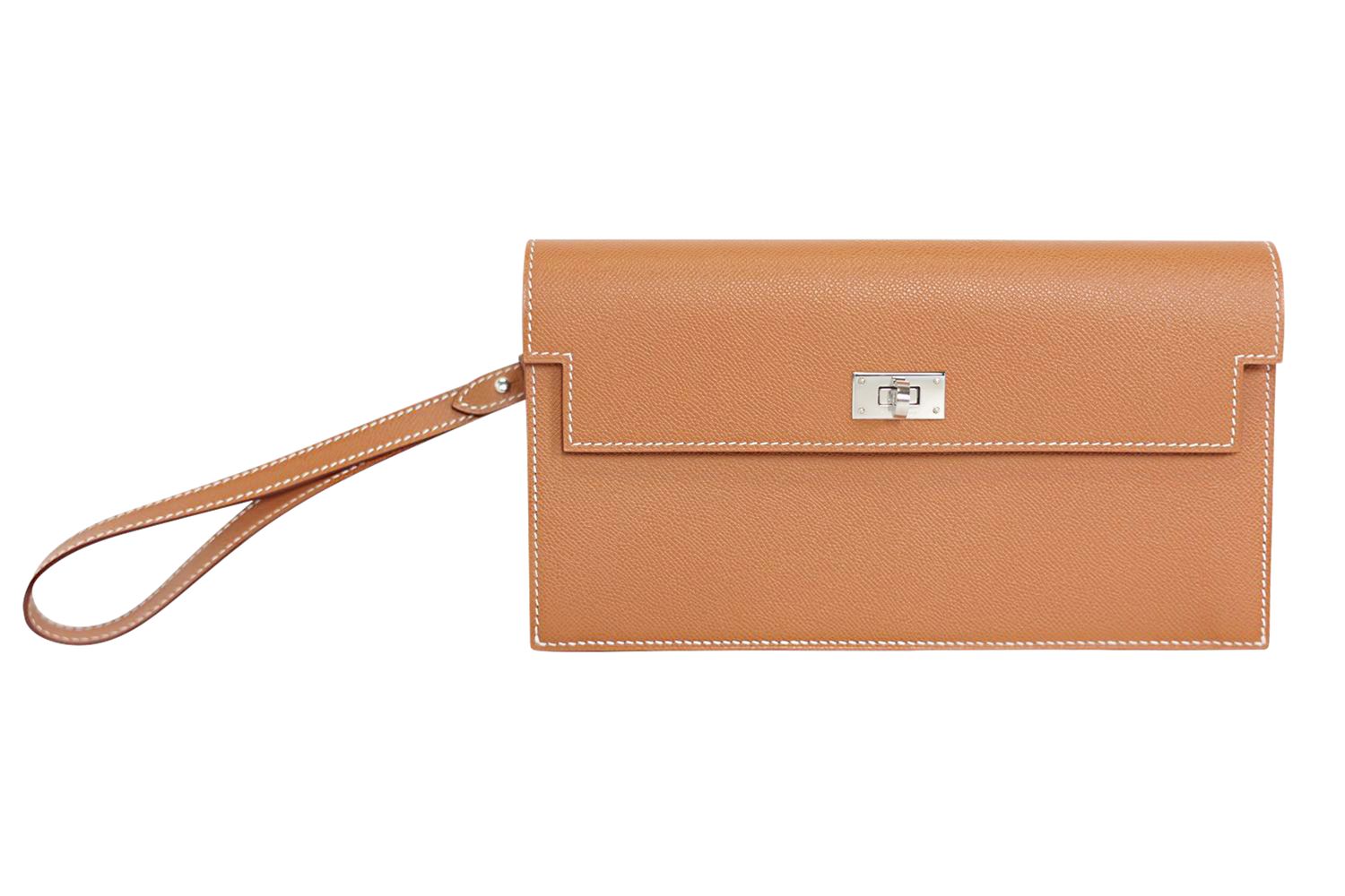 Hermes Kelly Pocket Long Wallet Wristlet, Gold Madame Calfskin and Palladium Hardware, W 2024 Stamp, Preowned in Box WA001