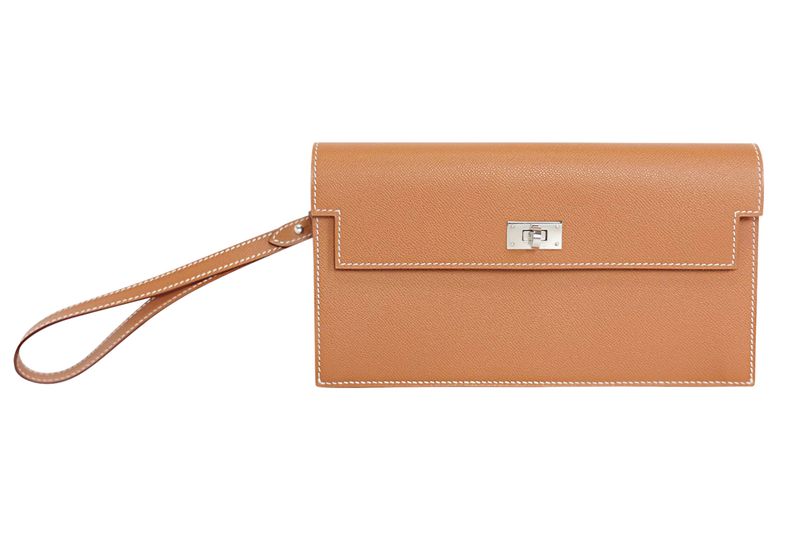 Hermes Kelly Pocket Long Wallet Wristlet, Gold Madame Calfskin and Palladium Hardware, W 2024 Stamp, Preowned in Box WA001