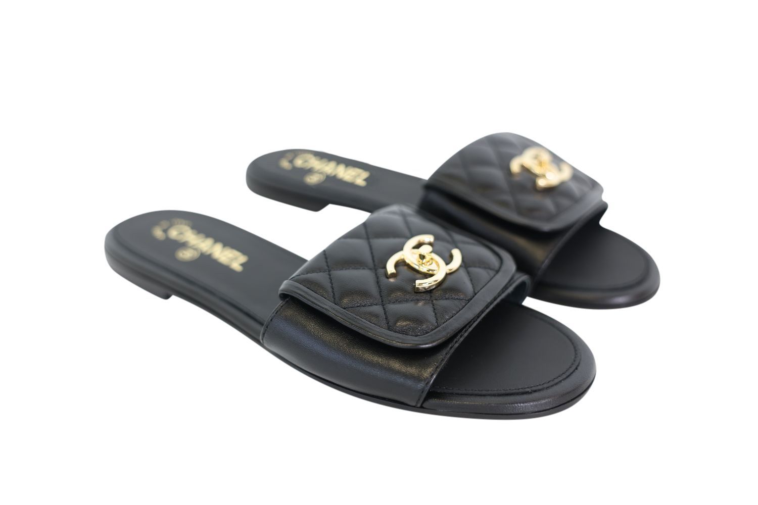 Chanel 25C CC Turnlock Slides, Black Quilted Lambskin and Gold Hardware, Size 40, New in Box WA001