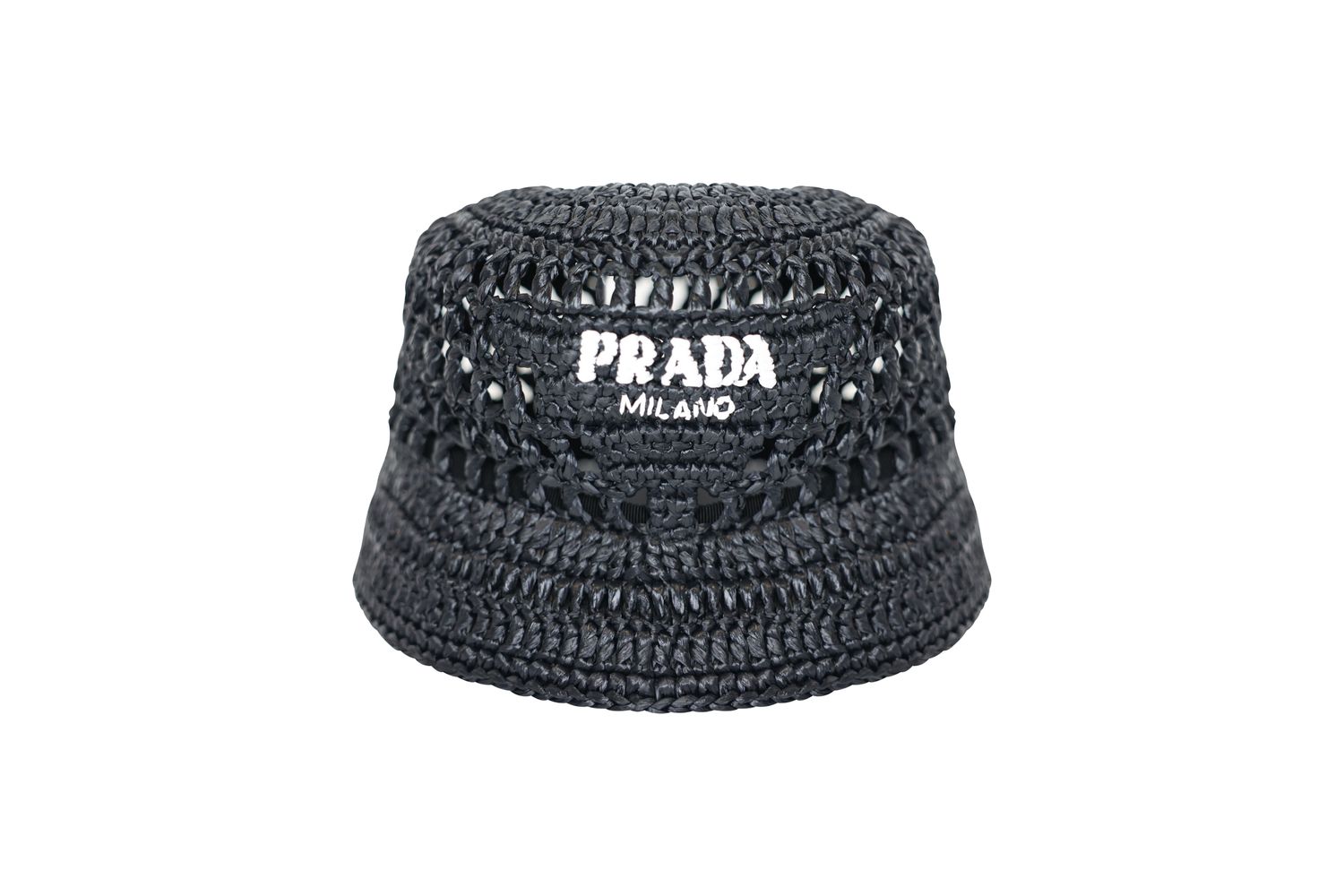 Prada Crochet Bucket Hat, Black Raffia Effect, Size M, Preowned No Dustbag WA001