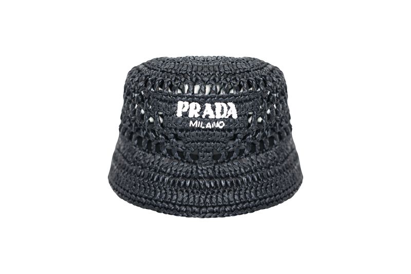 Prada Crochet Bucket Hat, Black Raffia Effect, Size M, Preowned No Dustbag WA001