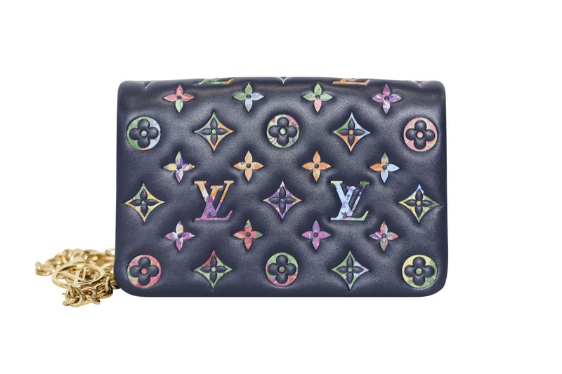 Louis Vuitton Pochette Coussin, Navy with Embossed Monogram Garden Lambskin and Gold Hardware, Preowned in Box WA001