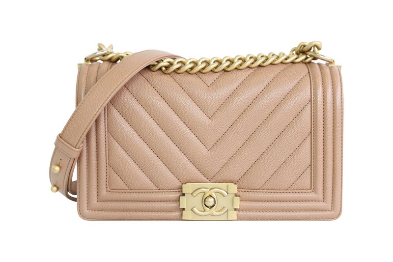 Chanel Boy Old Medium Bag, Dark Beige Caviar and Gold Hardware, Preowned in Box WA001