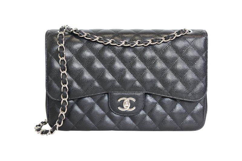Chanel Classic Jumbo, Black Quilted Caviar with Silver Hardware, Preowned in Box WA001