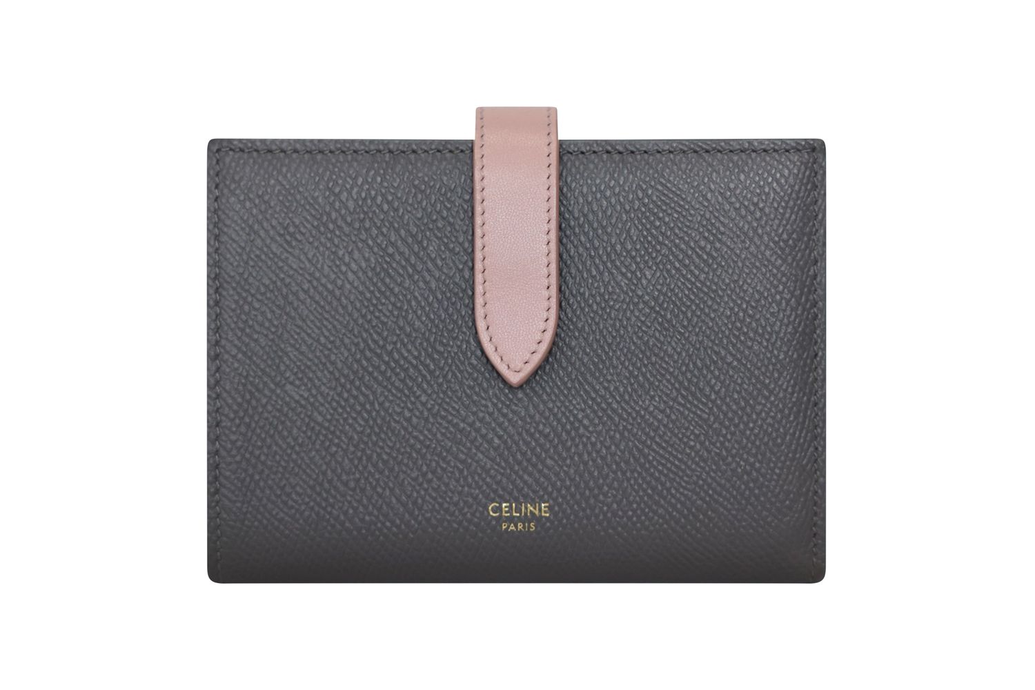 Celine Strap Wallet Medium, Grey Grained Calfskin with Gold Hardware, Preowned in Box WA001