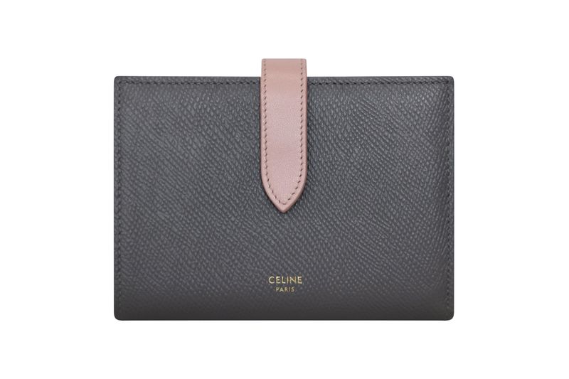 Celine Strap Wallet Medium, Grey Grained Calfskin with Gold Hardware, Preowned in Box WA001