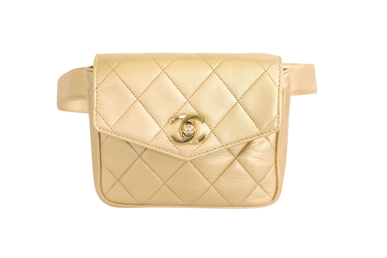 Chanel CC Envelope Belt Bag, Gold Quilted Lambskin with Gold Hardware, Preowned in Dustbag WA001