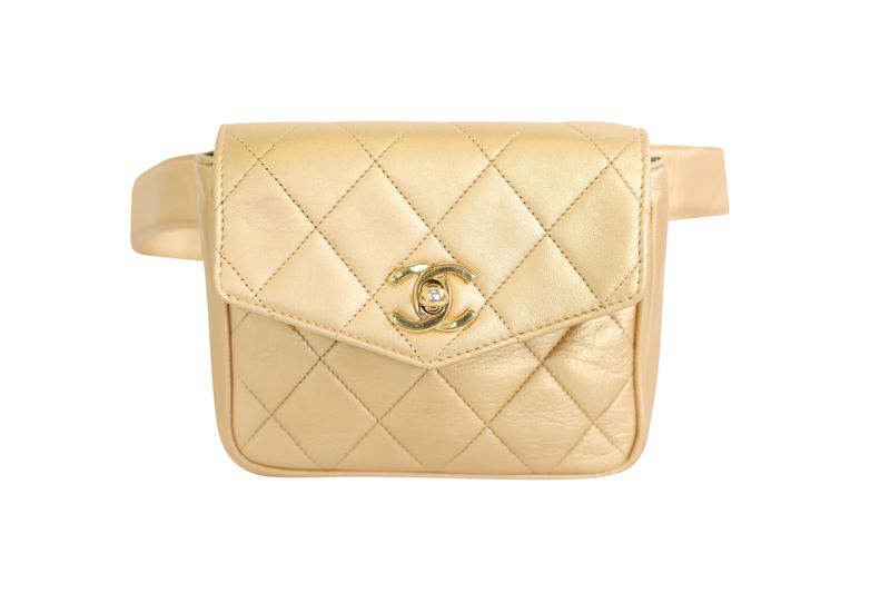 Chanel CC Envelope Belt Bag, Gold Quilted Lambskin with Gold Hardware, Preowned in Dustbag WA001
