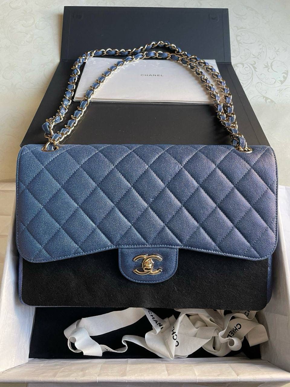 Preorder Chanel Classic Flap, Jumbo, Blue Iridescent Caviar Leather, Preowned in Box CC001