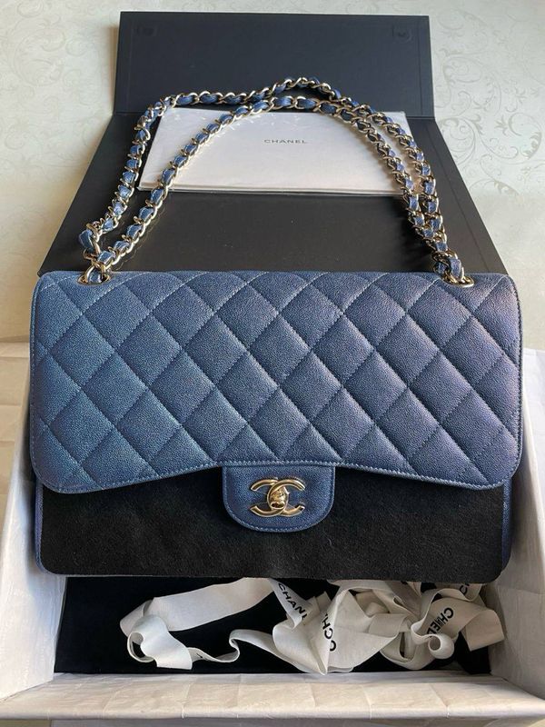 Preorder Chanel Classic Flap, Jumbo, Blue Iridescent Caviar Leather, Preowned in Box CC001