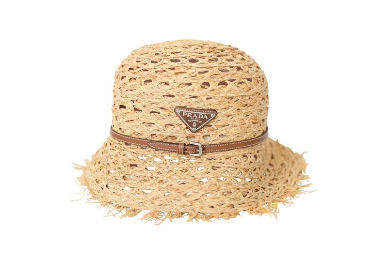 Prada Bucket Hat, Natural Raffia and Tan Leather, Size L, New No Dustbag WA001