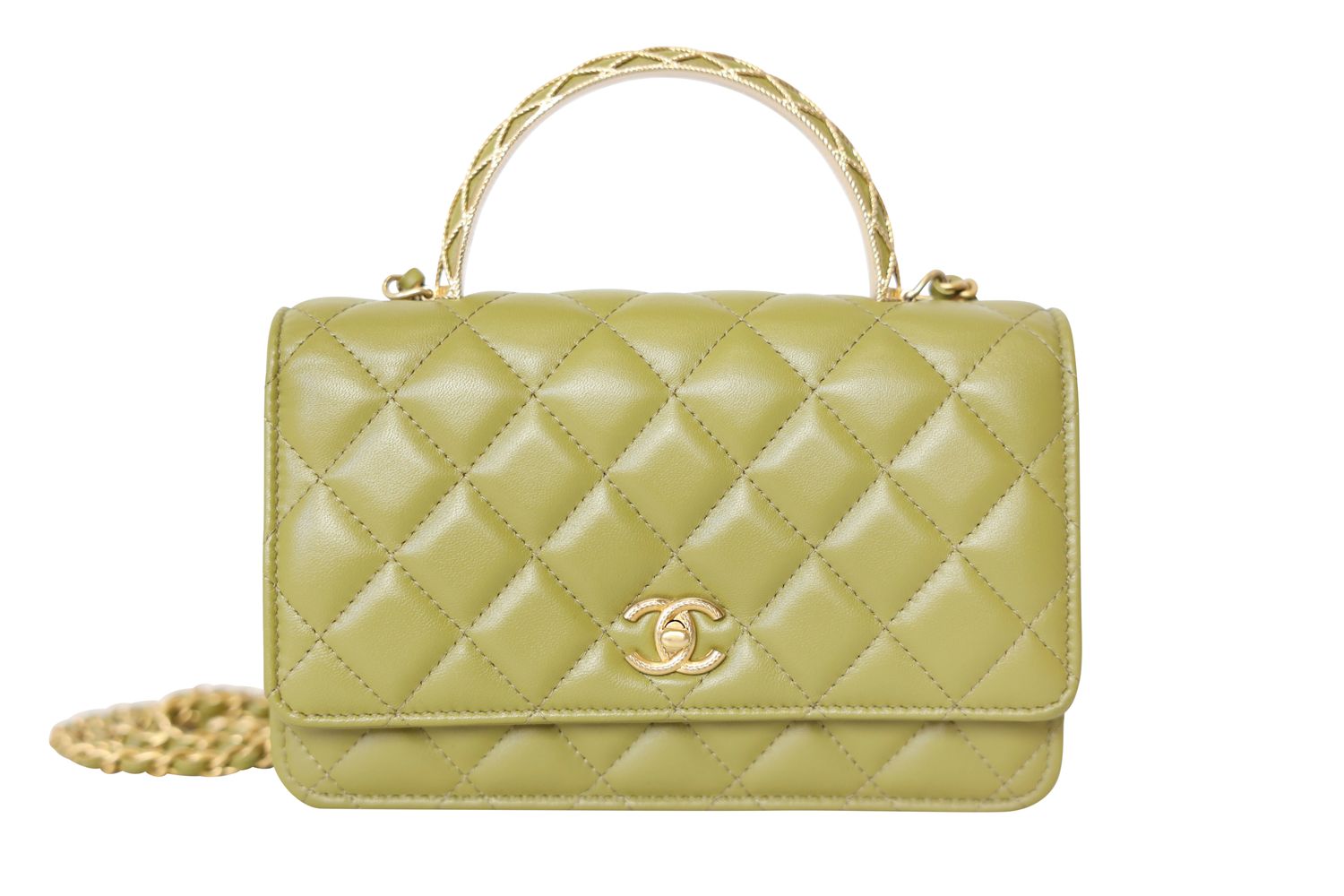 Chanel Top Handle Wallet on Chain, Green Quilted Lambskin with Gold Hardware, Preowned in Box WA001
