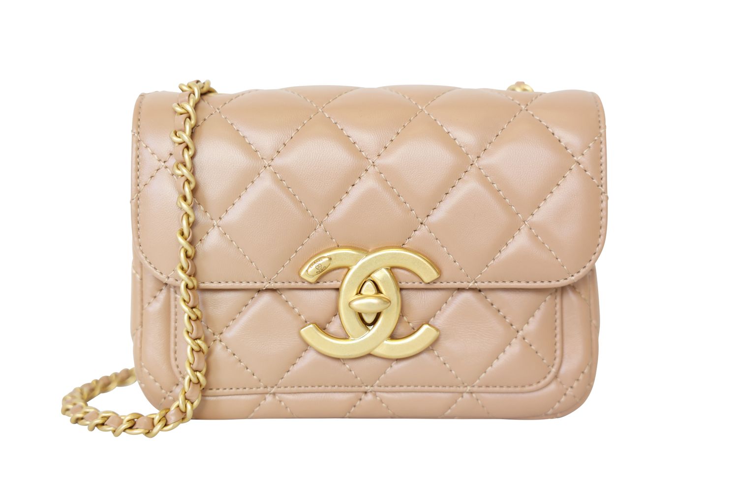 Chanel Flap Maxi CC Mini Bag, Beige Quilted Lambskin with Gold Hardware, New in Box WA001