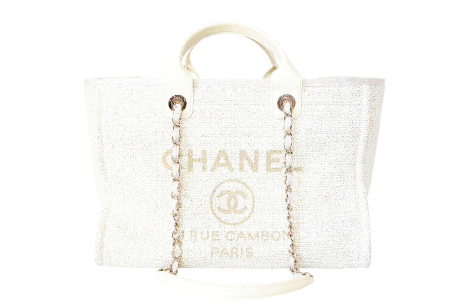 Chanel Deauville Tote Large, Light Beige Tweed with Gold Hardware, Preowned in Dustbag WA001