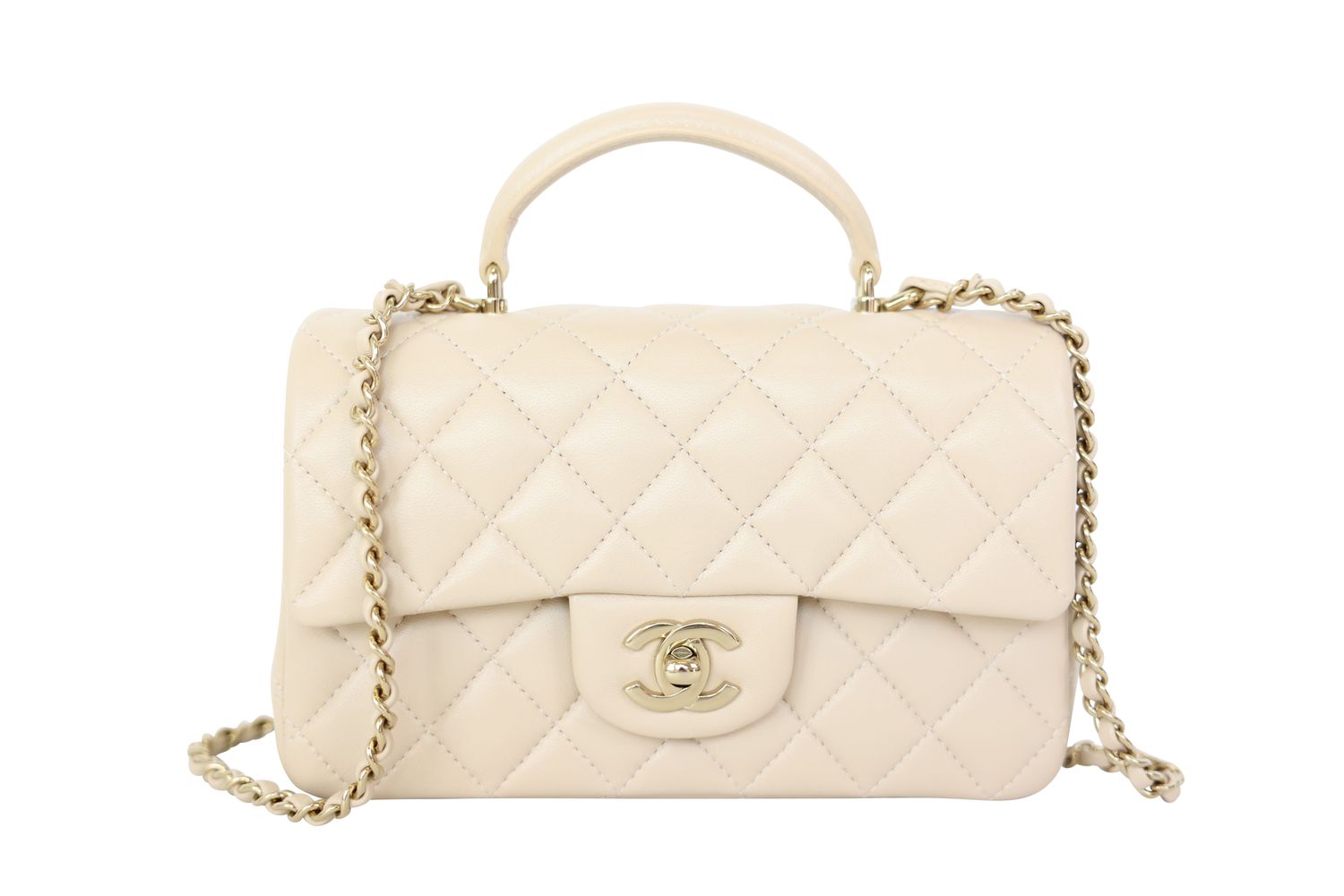 Chanel 25P Top Handle Mini, Beige Quilted Leather with Gold Hardware, New in Box WA001