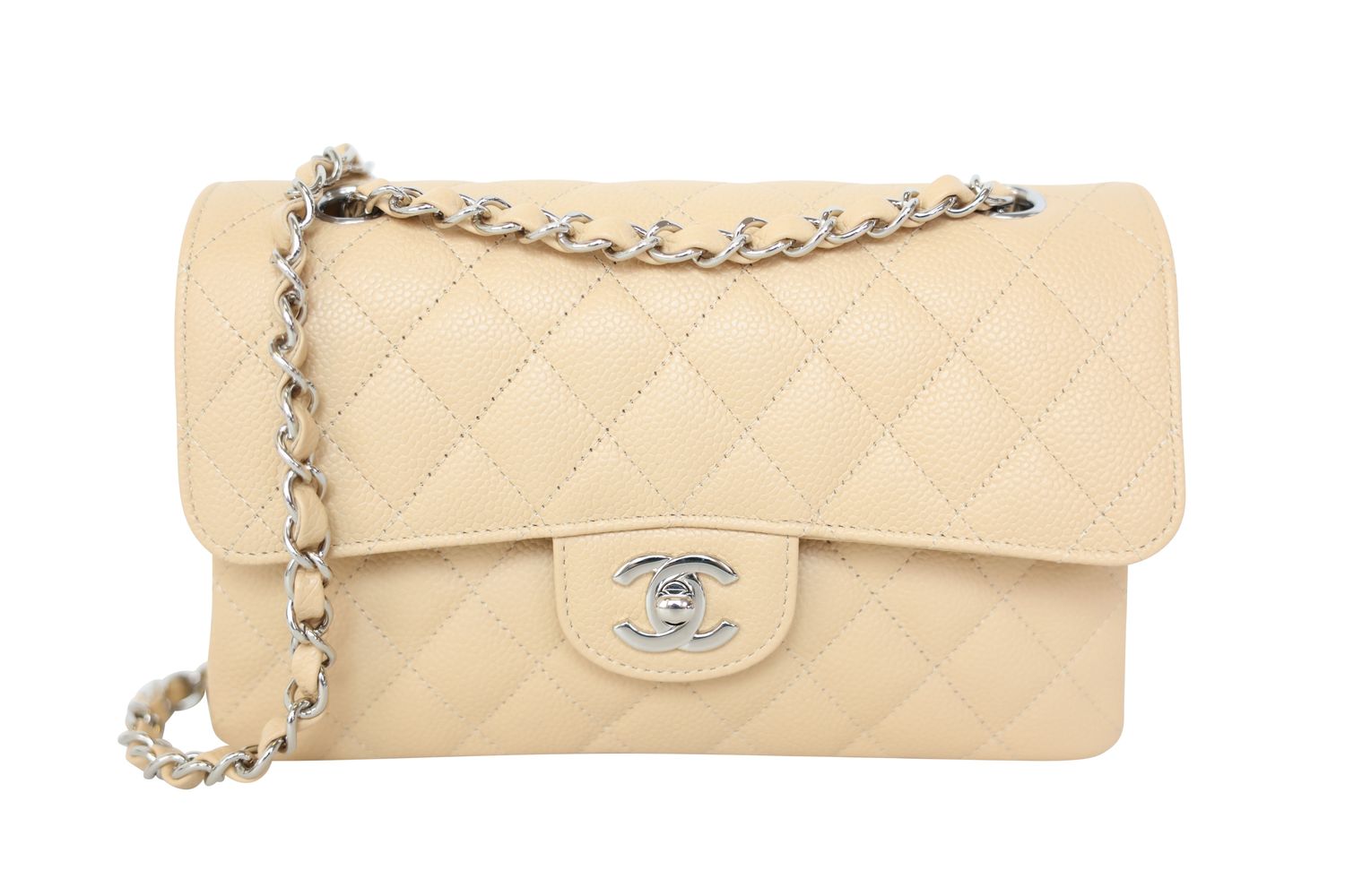 Chanel Classic Small, Beige Caviar with Silver Hardware, Preowned in Box WA001