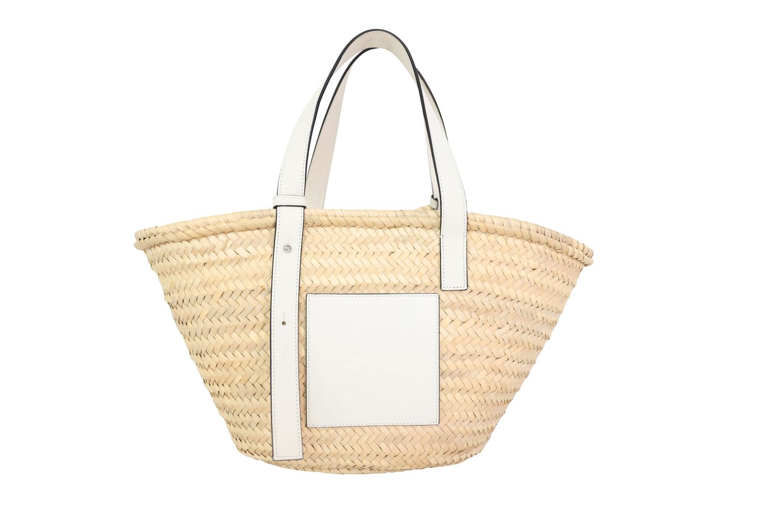 Loewe Basket Bag, Natural Palm Raffia and White Calfskin,  Preowned WA001