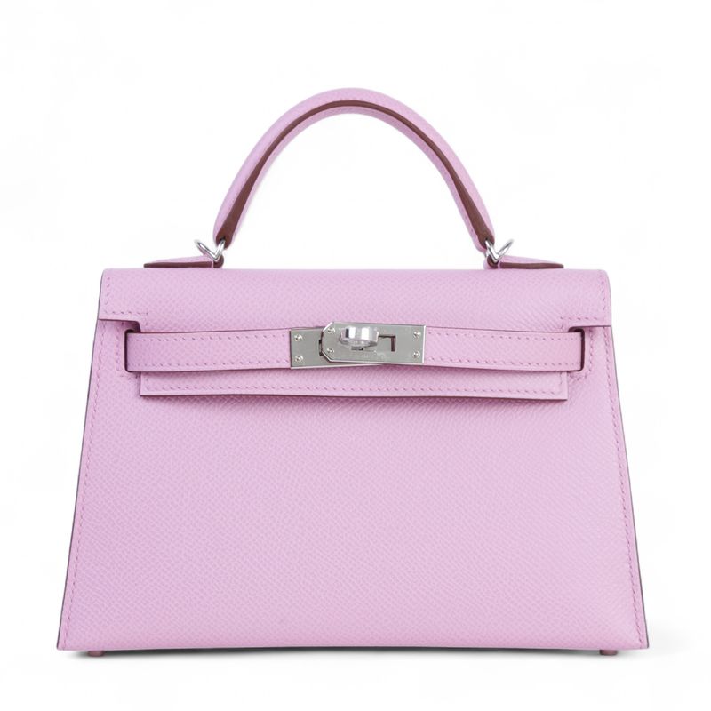 Hermes Mini Kelly, Mauve Sylvestre Epsom Leather with Palladium Hardware, New in Box KJRB001