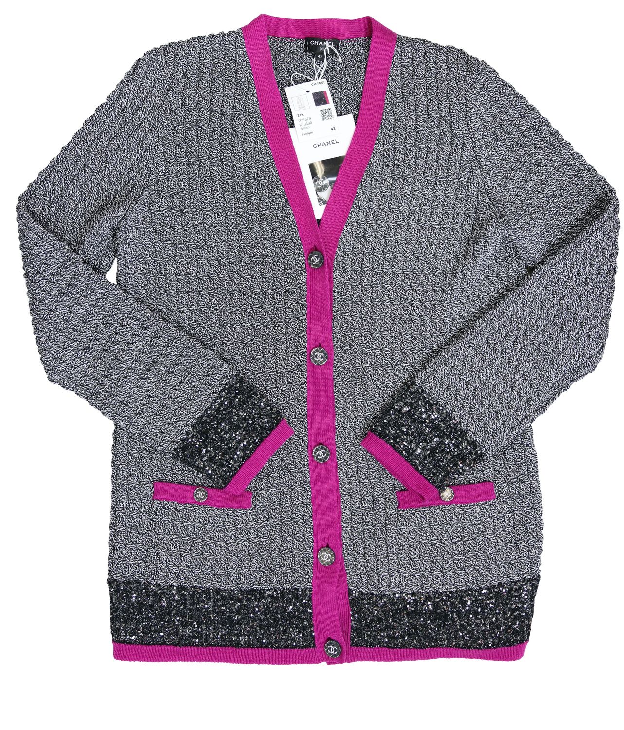 Chanel Cardigan, 21K Black and Fuchsia Knitted Yarn, Size 42, New No Dustbag WA001