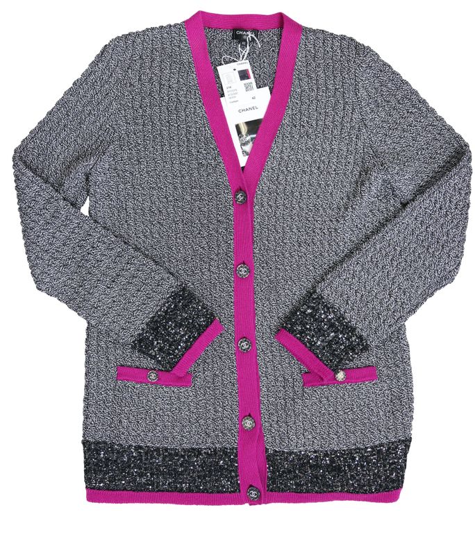 Chanel Cardigan, 21K Black and Fuchsia Knitted Yarn, Size 42, New No Dustbag WA001
