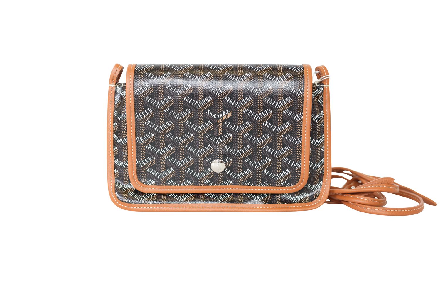 Goyard Plumet Pouch Wallet, Black Goyardine Canvas and Tan Calfskin with Palladium Hardware, New in Dustbag WA001