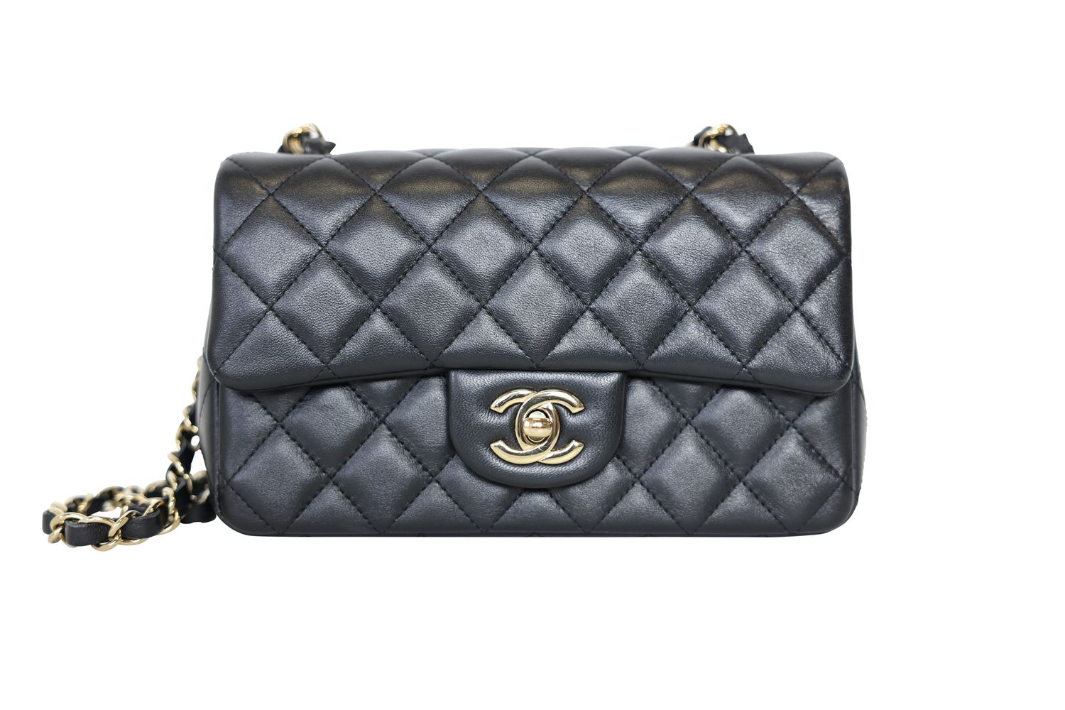 Chanel Classic Mini Rectangular Bag, Black Quilted Lambskin with Gold Hardware, Preowned in Box WA001