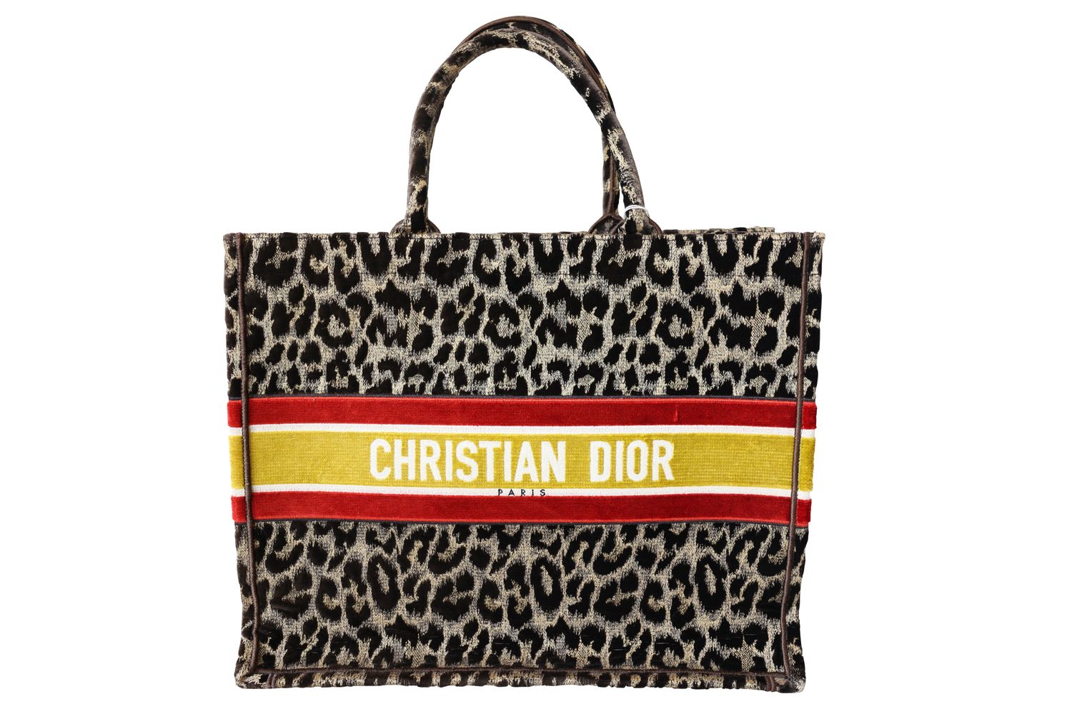 Dior Book Tote Large,  Leopard Canvas with Red and Yellow Velvet, Preowned in Dustbag WA001