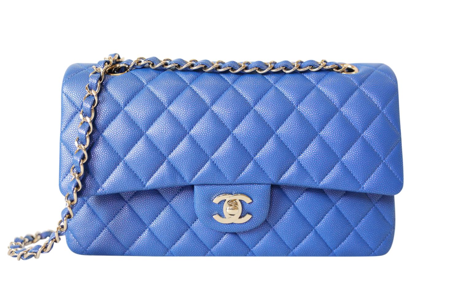 Chanel Classic Medium, Iridescent Blue Caviar with Gold Hardware, Preowned in Box WA001