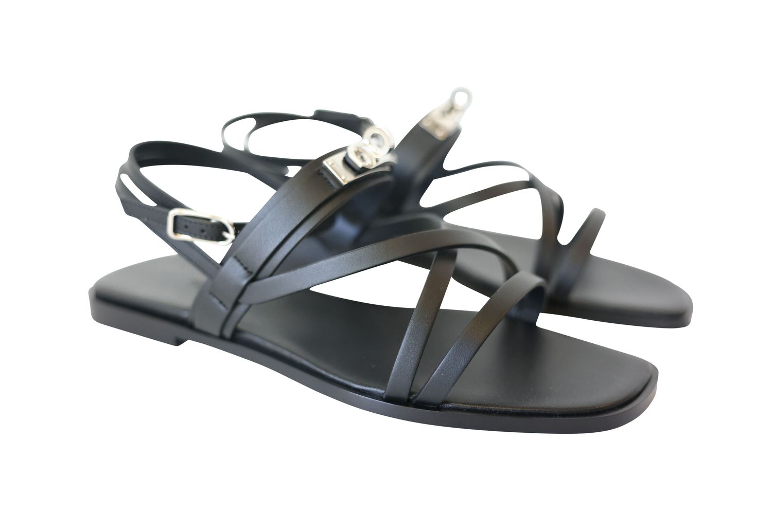 Hermes June Sandals Size 39, Black Calfskin Leather with Palladium Hardware, New in Box WA001