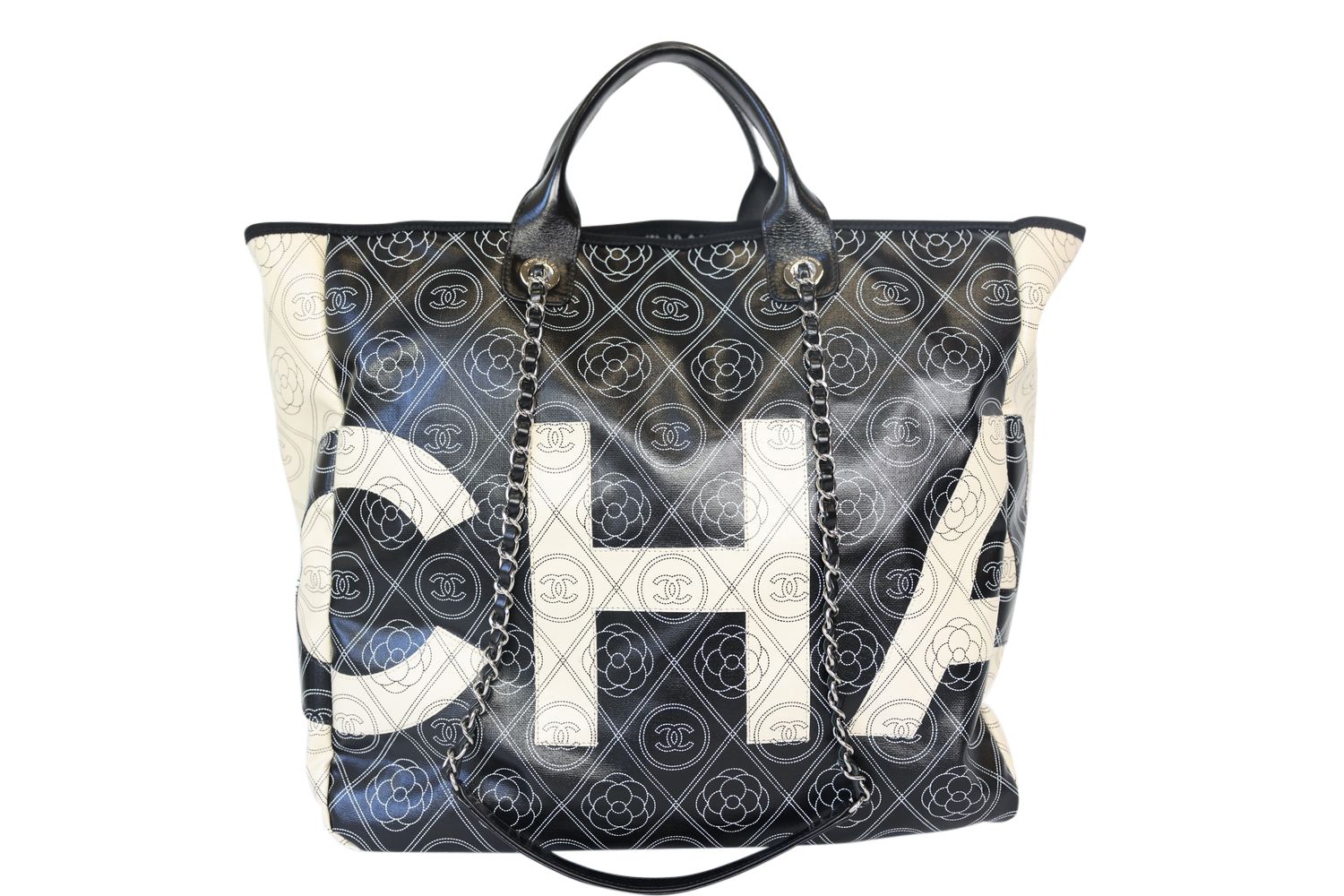 Chanel Camellia Large Shopping Tote, Black Beige  Coated Canvas with Gold Hardware, Preowned in Box WA001