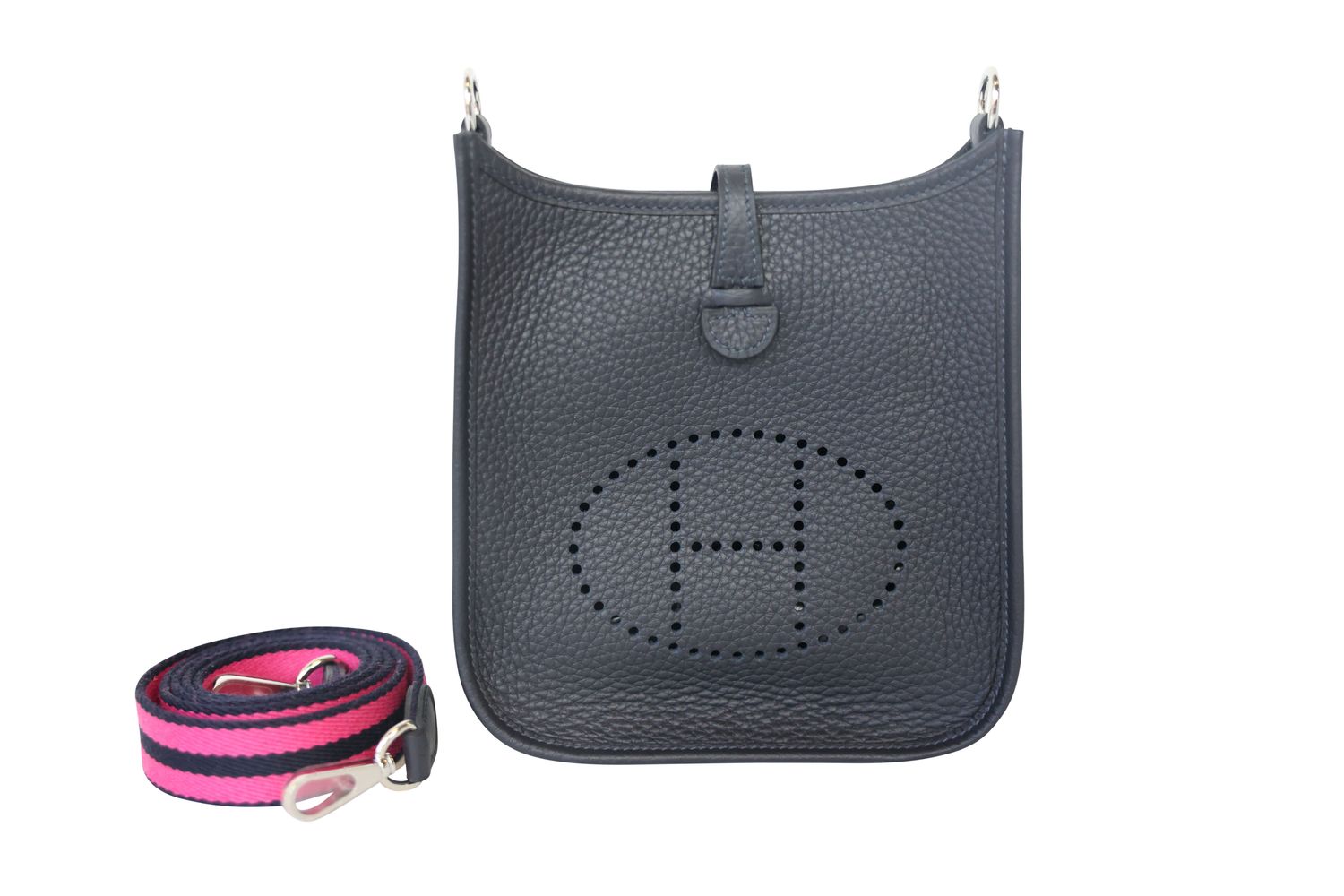 Hermes Evelyne TPM, Caban Taurillon Clemence Leather with Rose Shocking and Bleu Indigo Strap with Palladium Hardware, W 2024 Stamp, New in Box WA001