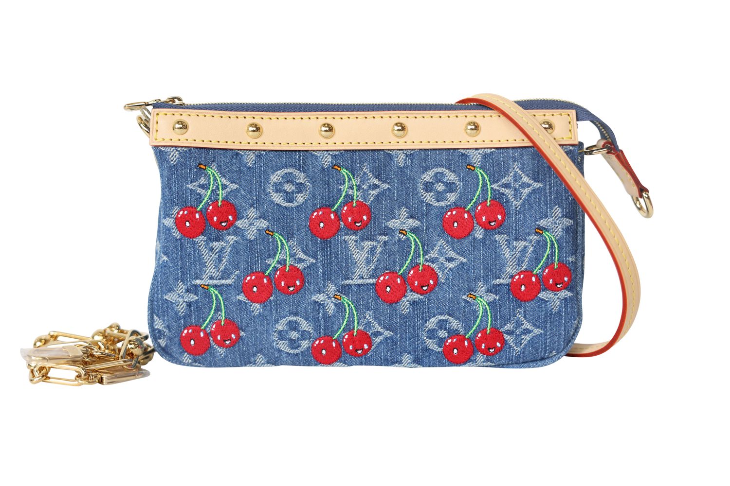 Louis Vuitton X TM Murakami Cherries Pochette Accessoires, Monogram Denim Canvas with Gold Hardware, New in Box WA001