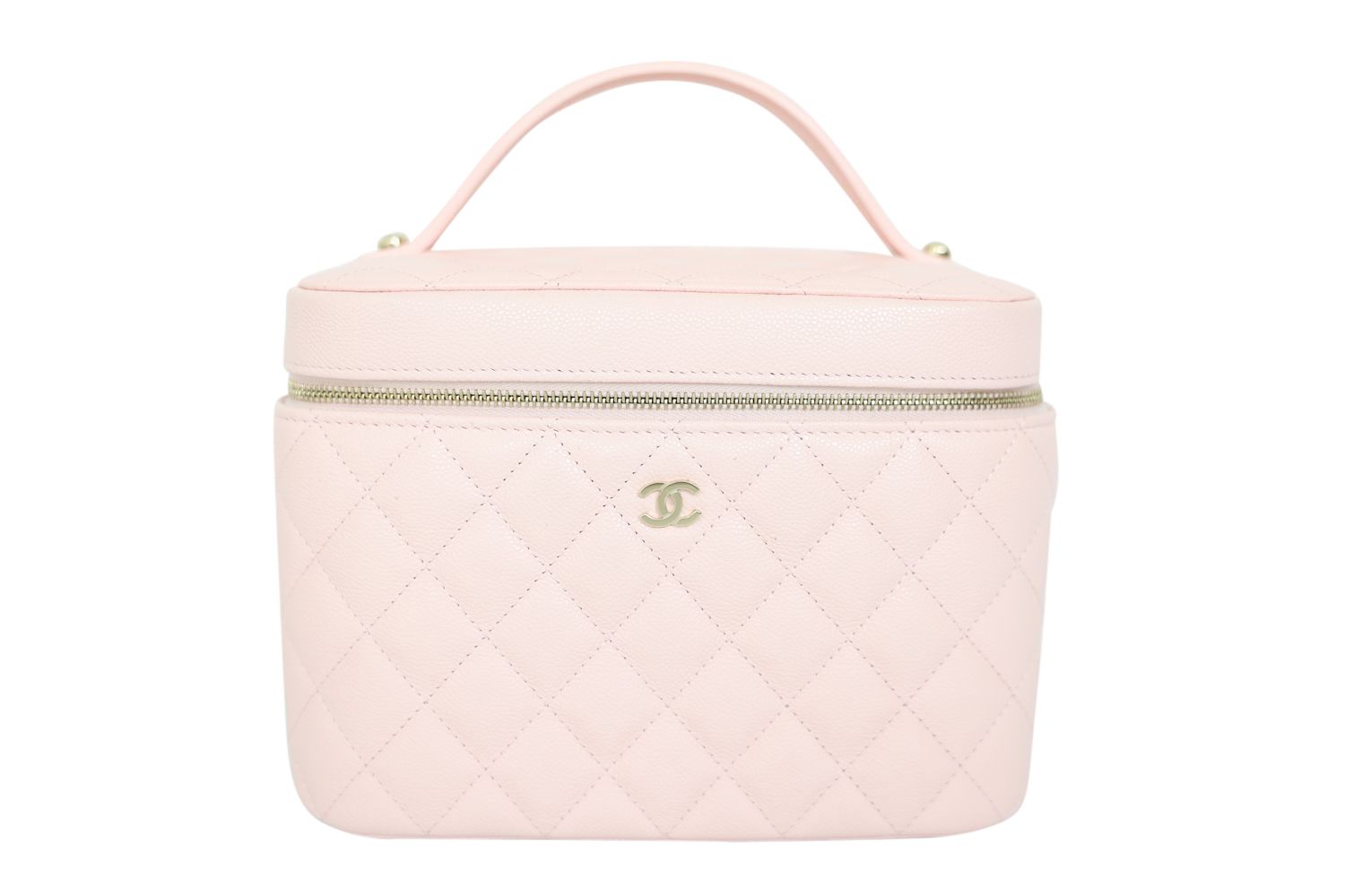 Chanel Caviar Quilted Large, Vanity Pouch Cosmetic Case with Top Handle, 25S Light Pink Caviar Leather Gold Hardware, New in Box WA001