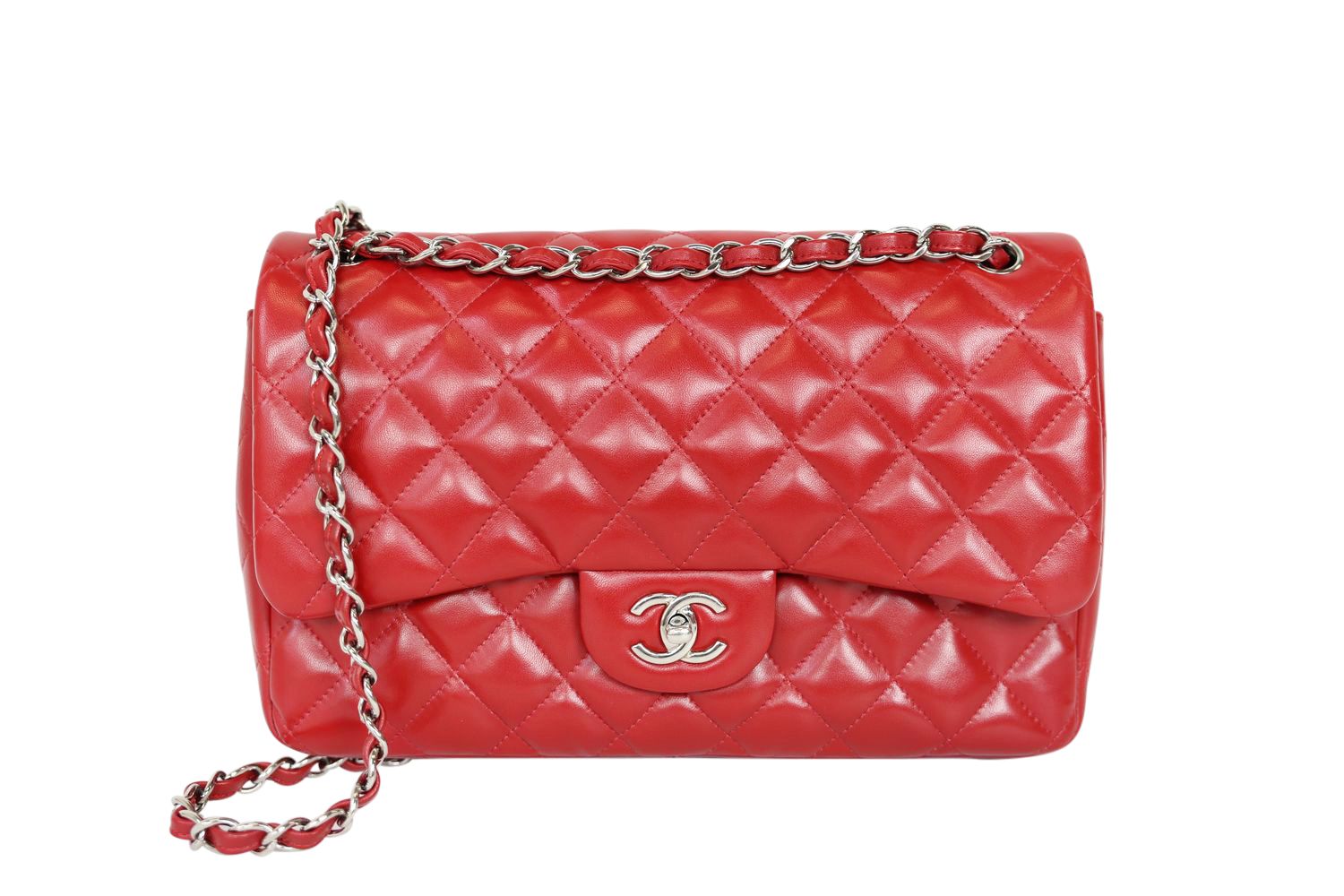 Chanel Jumbo Classic Double Flap, Red Lambskin Leather with Silver Hardware, Preowned in Dustbag WA001